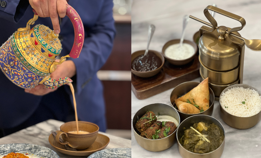Dal makhani curry in a brass-handled steel pot served with fresh chapati and rice at Tiffin Tree